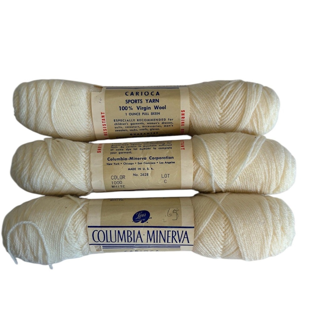 Columbia-Minerva Carioca Sports Yarn 100% Virgin Wool 1000 White 3 Skeins USA